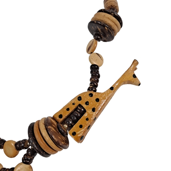 Hand Carved Wooden Tribal Necklace Beaded Elephant Giraffe Brown - Picture 2 of 14